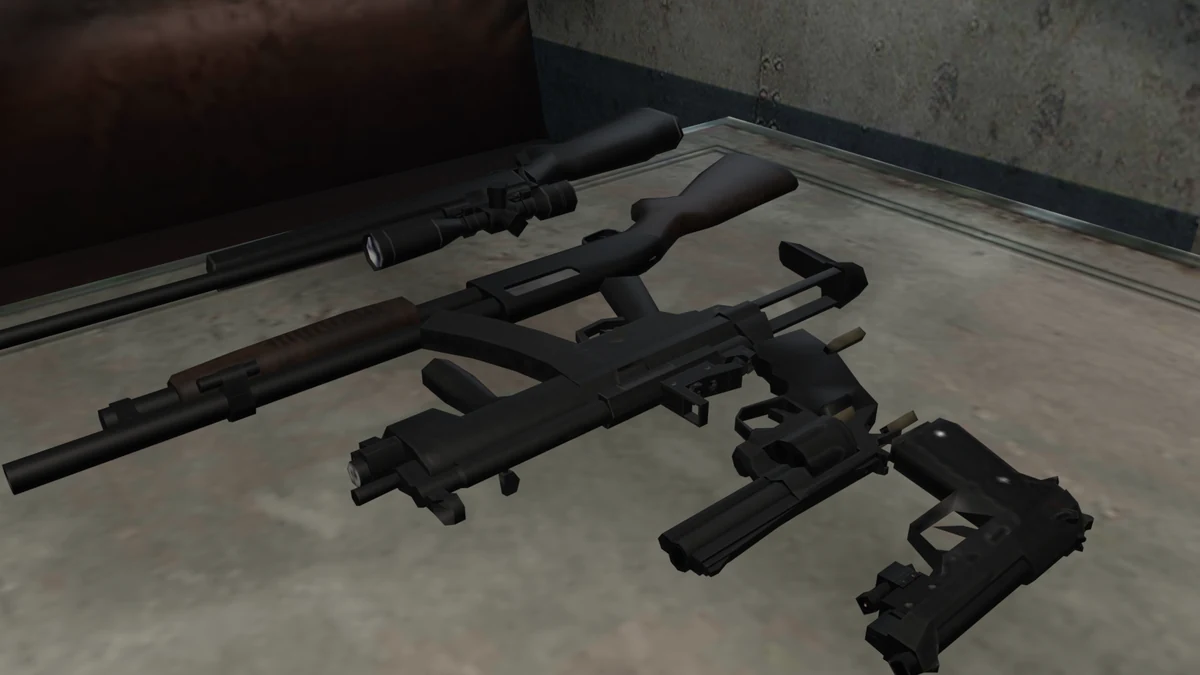 One handgun, magnum, machine gun, shotgun and rifle from Resident Evil Revelations laid out on a mess hall table