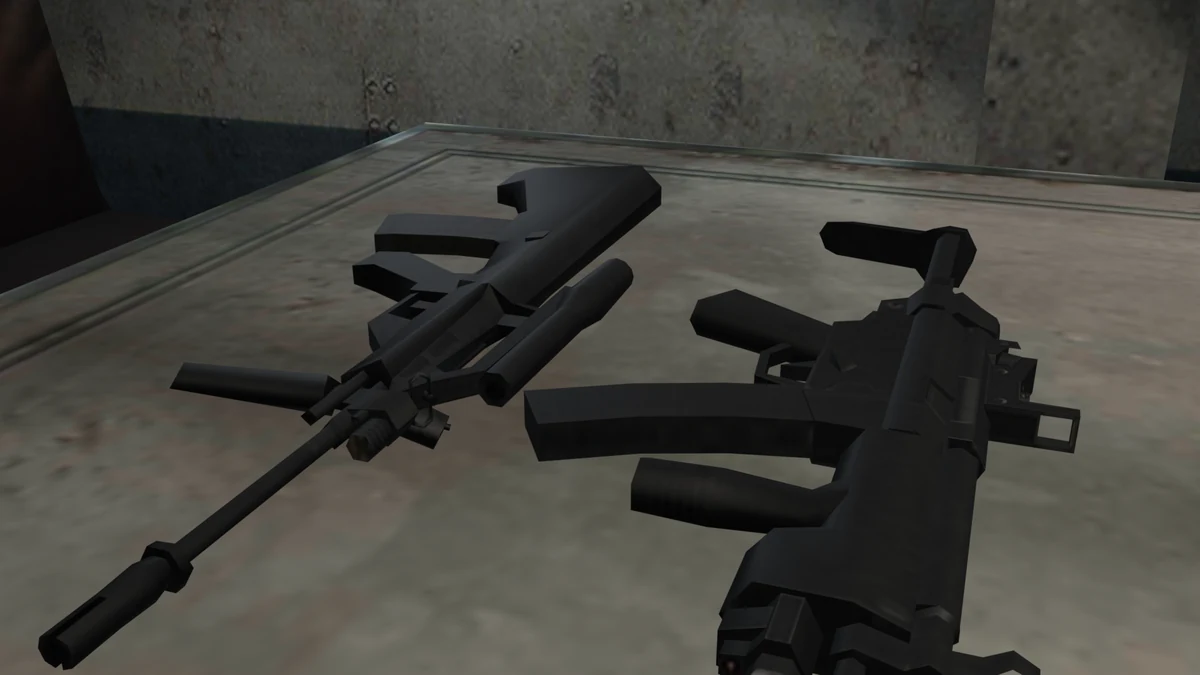 The MP5 and AUG machine guns from Resident Evil Revelations on a table
