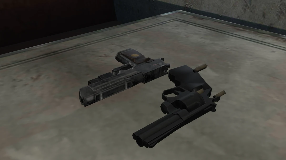 The Python and L. Hawk magnums from Resident Evil Revelations on a table
