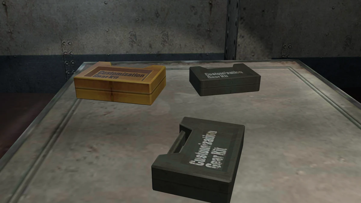 Customization Gear Kit cases on a mess hall table in Resident Evil Revelations