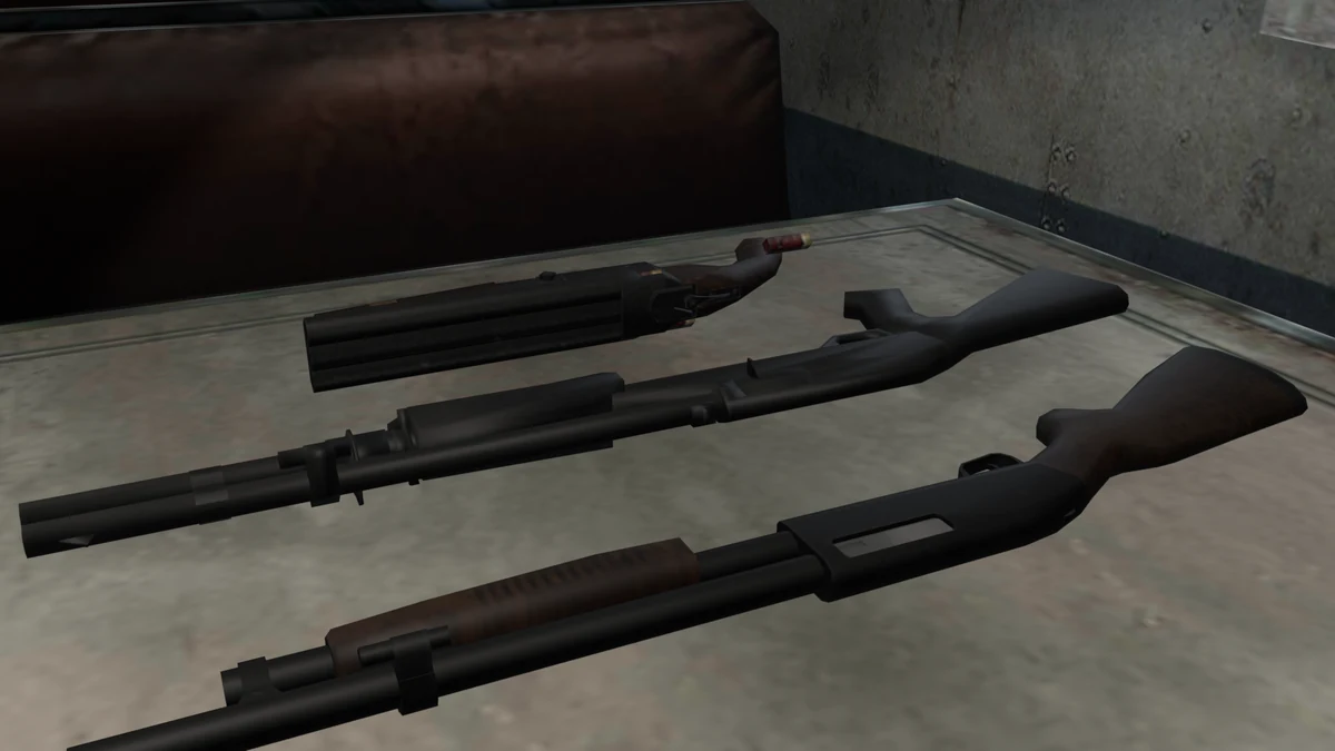 The Windham, M3 and Hydra shotguns from Resident Evil Revelations on a mess hall table