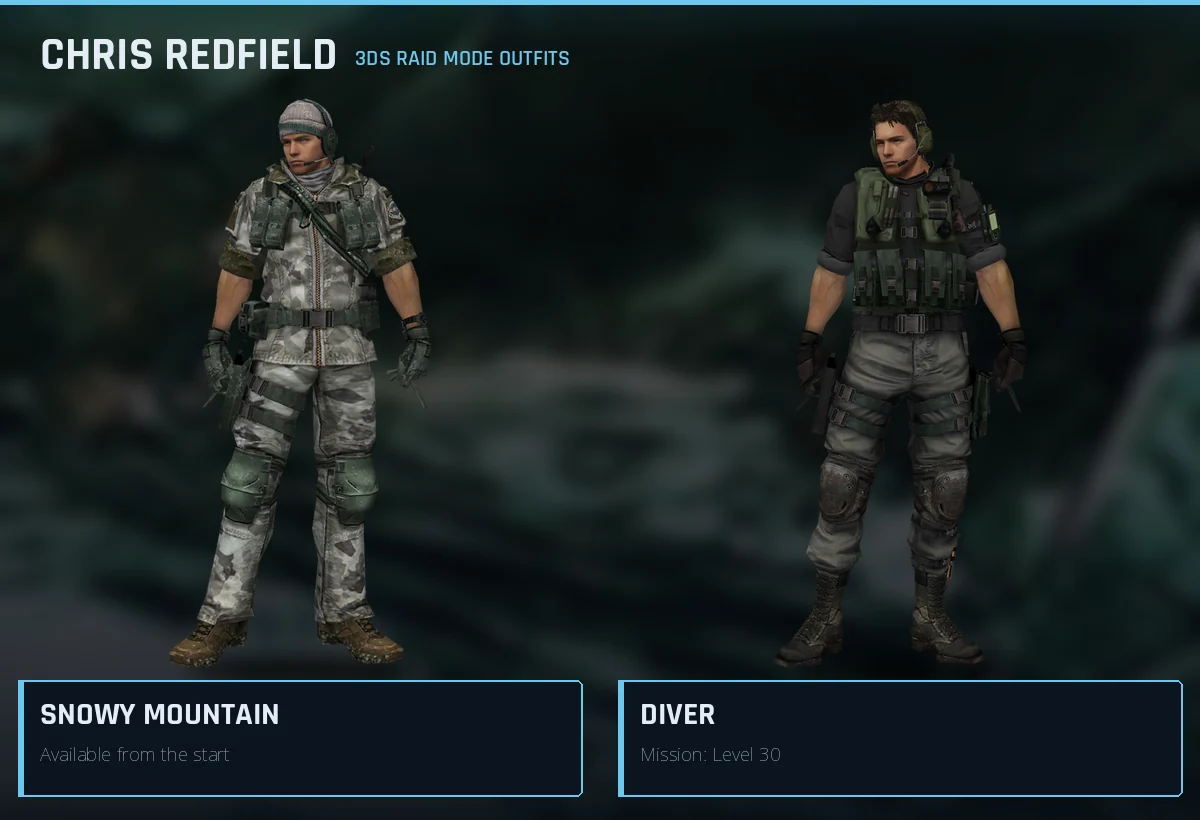 Chris Redfield's two 3DS Raid Mode outfits: Snowy Mountain, available from the start, and Diver, from the Level 30 mission