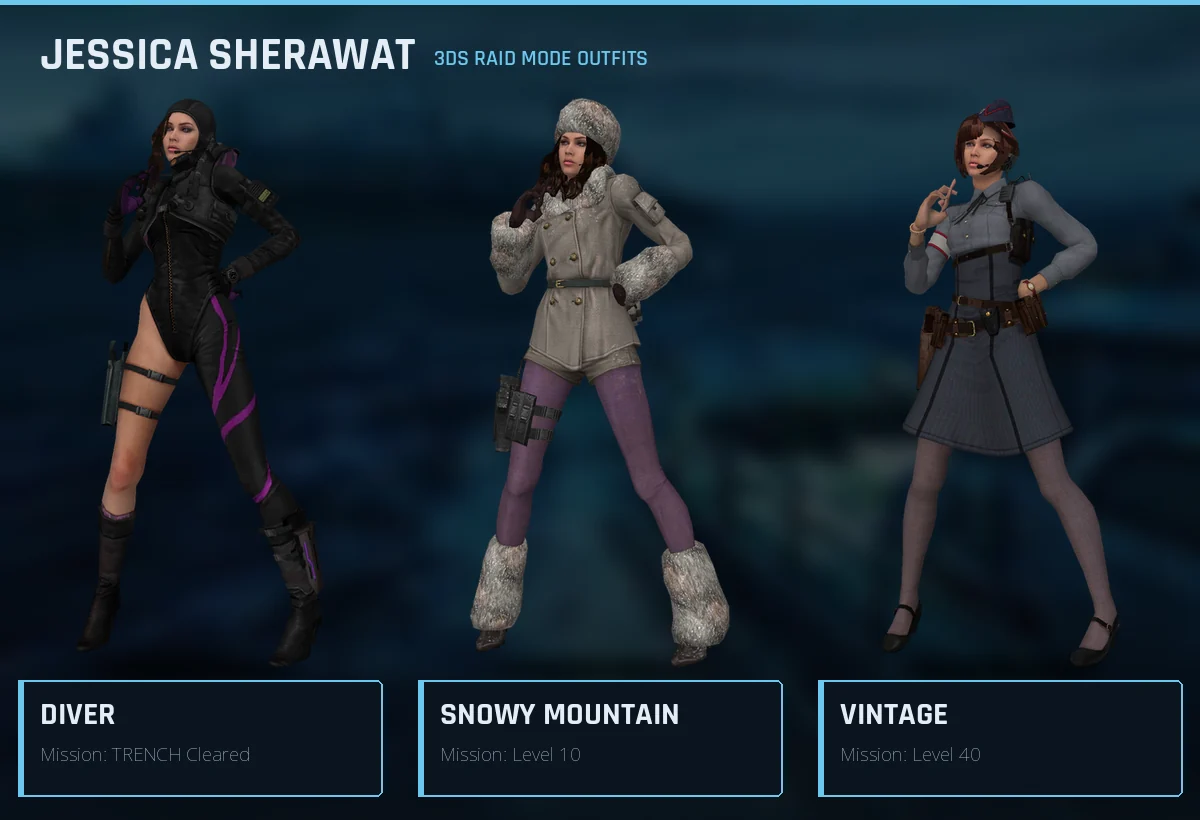 Jessica Sherawat's three 3DS Raid Mode outfits: Diver from TRENCH Cleared, Snowy Mountain from the Level 10 mission, and Vintage from the Level 40 mission
