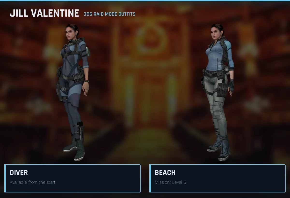 Jill Valentine's two 3DS Raid Mode outfits: Diver, available from the start, and Beach, from the Level 5 mission
