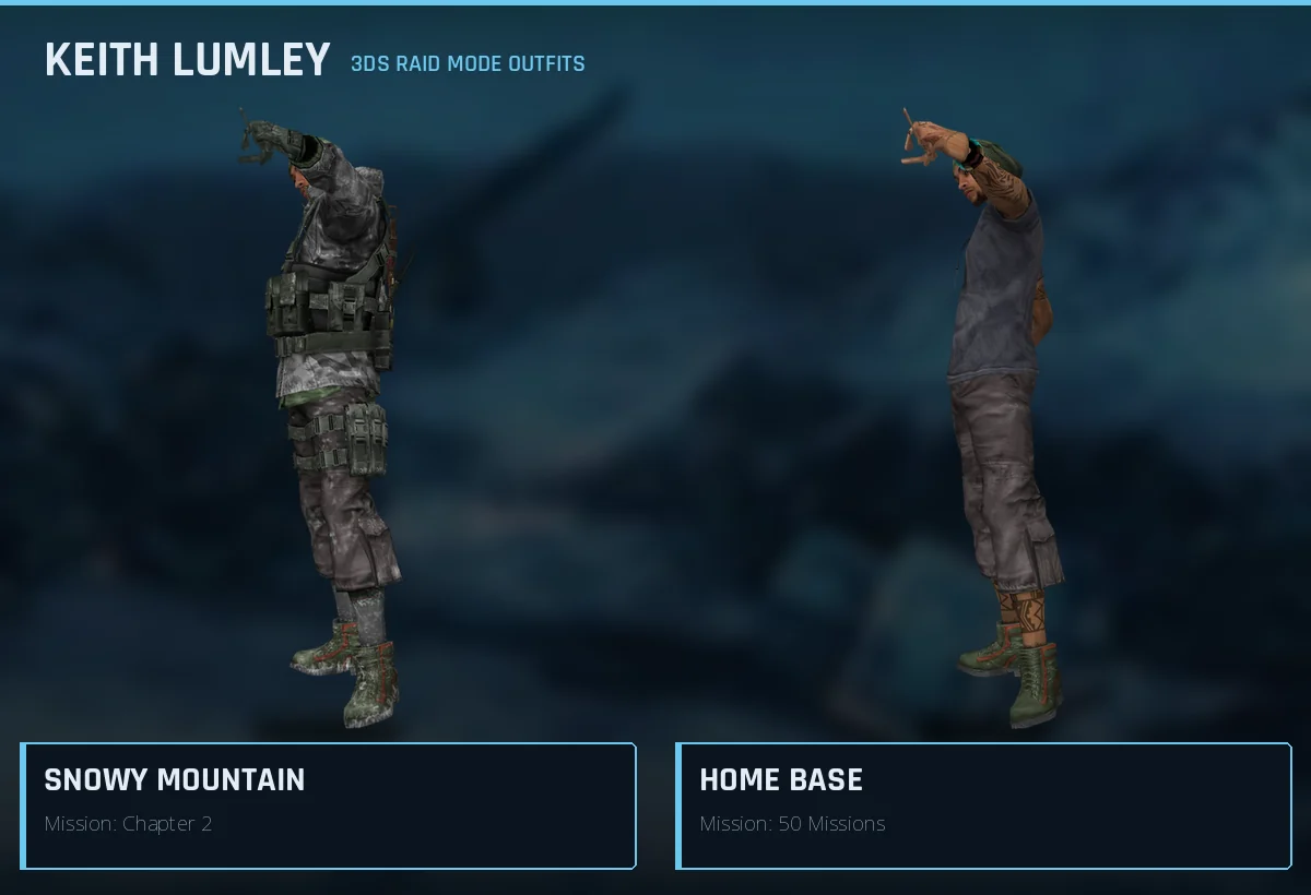 Keith Lumley's two 3DS Raid Mode outfits: Snowy Mountain from the Chapter 2 mission and Home Base from the 50 Missions mission