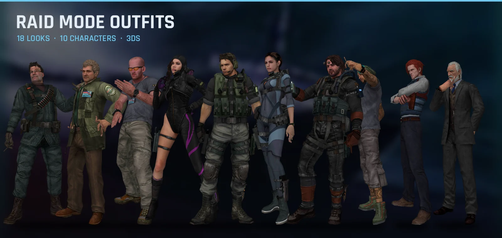 The ten Raid Mode characters of Resident Evil Revelations on 3DS in one row: Norman, O'Brian, Quint, Jessica, Chris, Jill, Parker, Keith, Raymond and Morgan