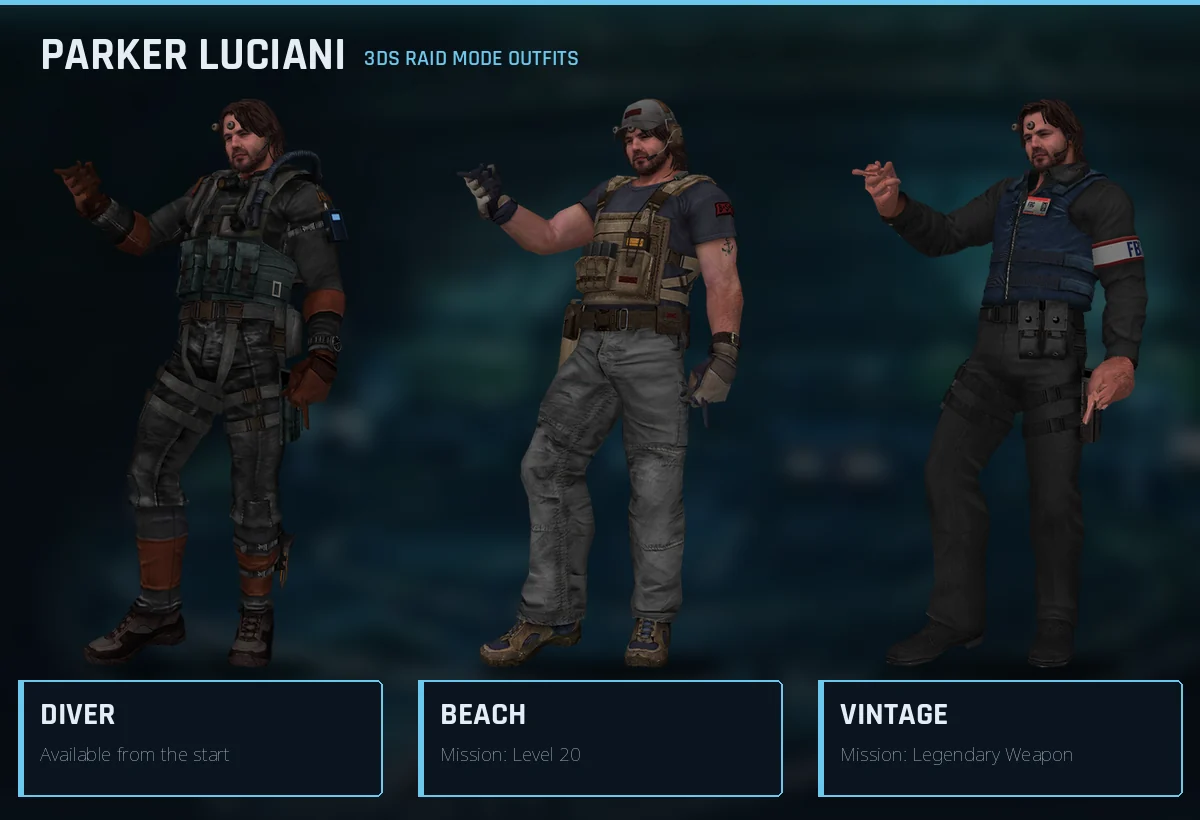 Parker Luciani's three 3DS Raid Mode outfits: Diver from the start, Beach from the Level 20 mission, and Vintage from the Legendary Weapon mission