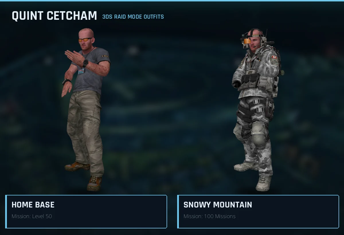 Quint Cetcham's two 3DS Raid Mode outfits: Home Base from the Level 50 mission and Snowy Mountain from the 100 Missions mission