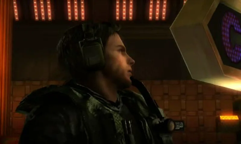 A character wearing a headset under the neon casino sign aboard the Queen Zenobia