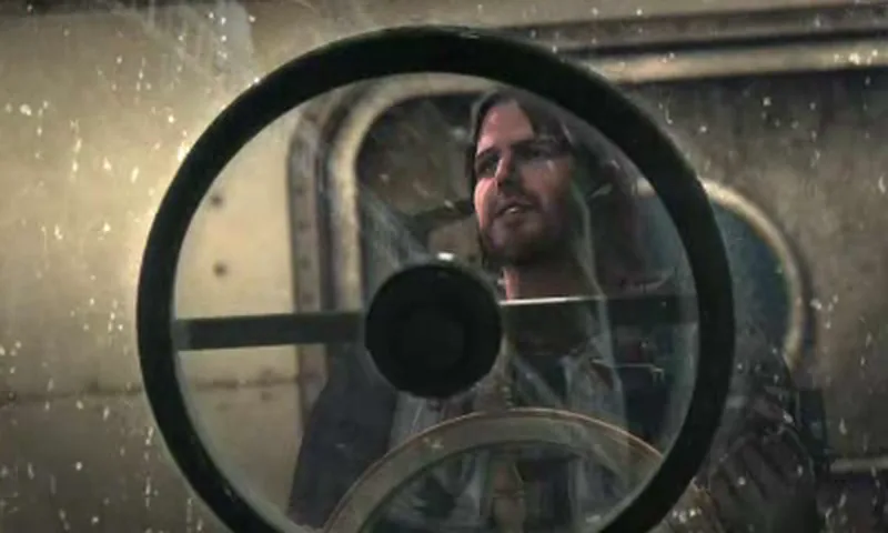 Parker Luciani seen through a porthole on the Queen Zenobia, from a 3DS cutscene