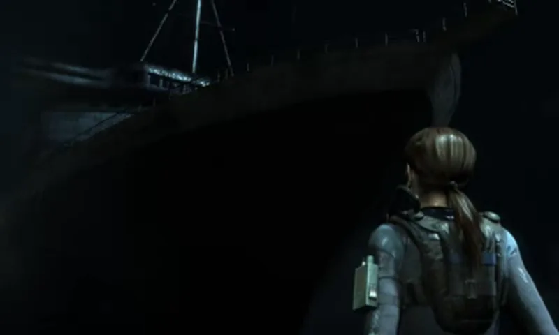 Jill Valentine looks up at the hull of the Queen Zenobia in the dark, from the 3DS opening cutscene