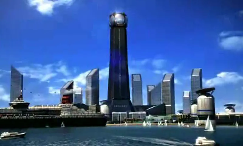 The solar tower and skyline of Terragrigia over the sea, from a 3DS cutscene