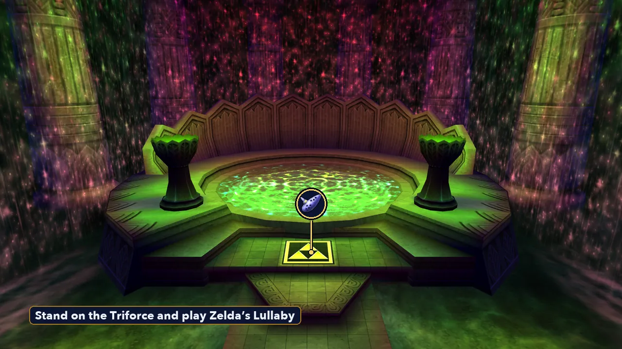 The Great Fairy fountain where Din’s Fire is given, with the Triforce mark in front of the pool