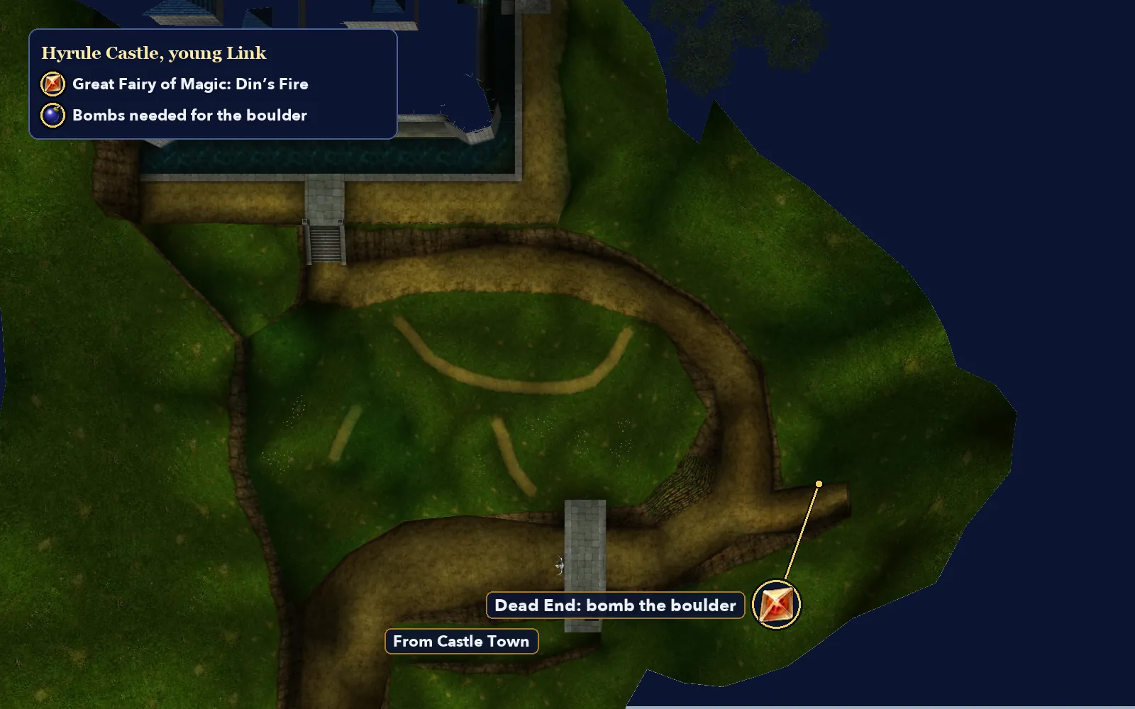 Map of the Hyrule Castle grounds in Ocarina of Time 3D with the Dead End boulder that hides the Great Fairy of Magic