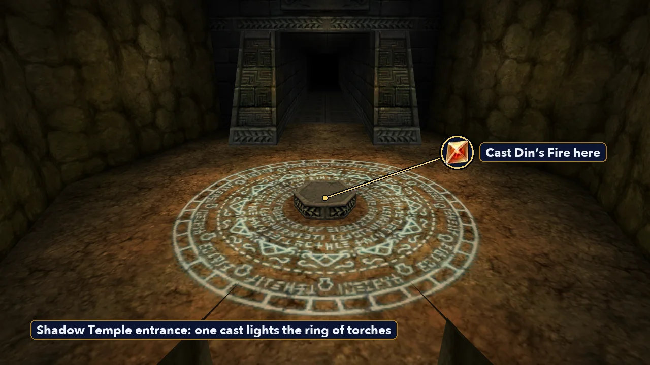 The Shadow Temple entrance chamber in the Kakariko Graveyard, with the circle where Link casts Din’s Fire