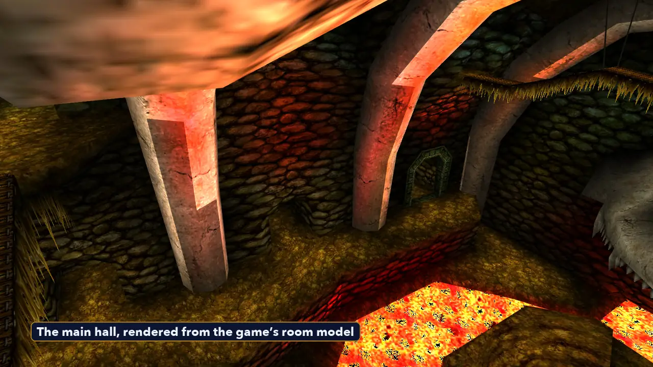 The main hall of Dodongo’s Cavern with lava pits