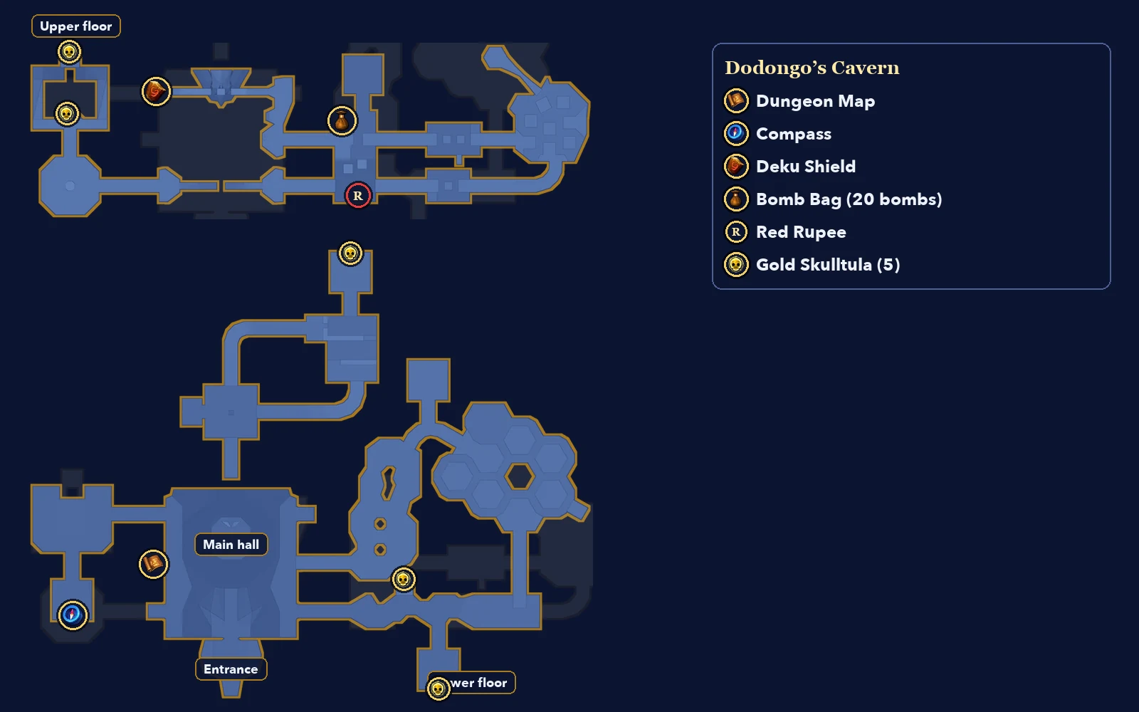 Dodongo’s Cavern map in Ocarina of Time 3D with both floors, the Dungeon Map, Compass, Deku Shield, Bomb Bag, Red Rupee and all five Gold Skulltulas marked