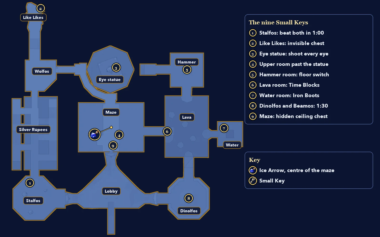 Gerudo Training Ground map in Ocarina of Time 3D with all nine Small Keys numbered and the Ice Arrow chest marked