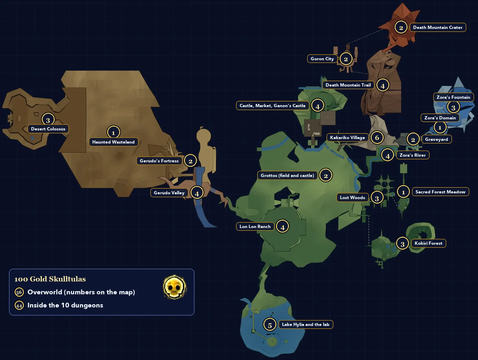 Map of Hyrule in Ocarina of Time 3D showing how many Gold Skulltulas are in each area