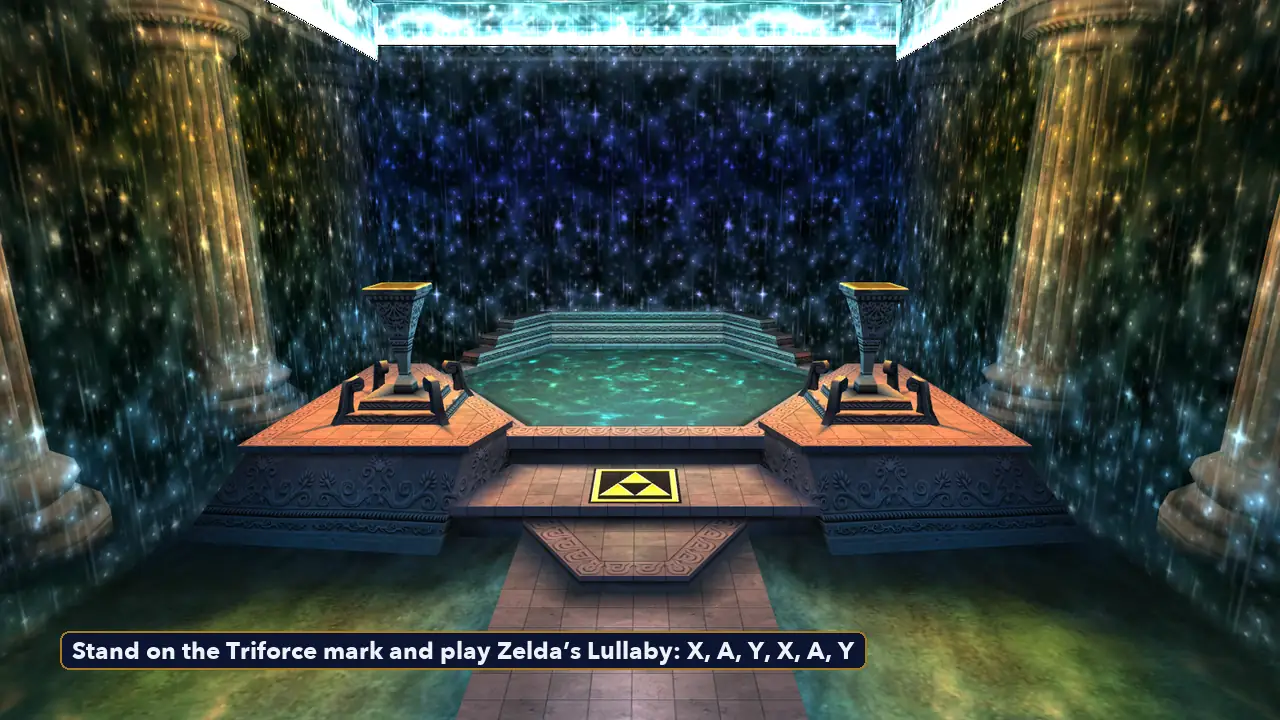 Inside a Great Fairy Fountain in Ocarina of Time 3D with the Triforce mark in front of the pool