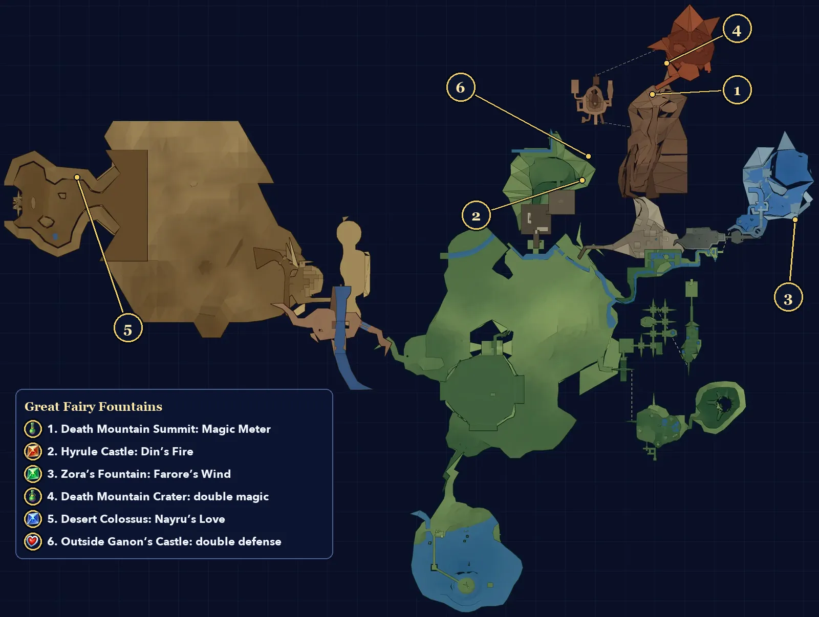 Map of Hyrule in Ocarina of Time 3D with all six Great Fairy Fountains numbered