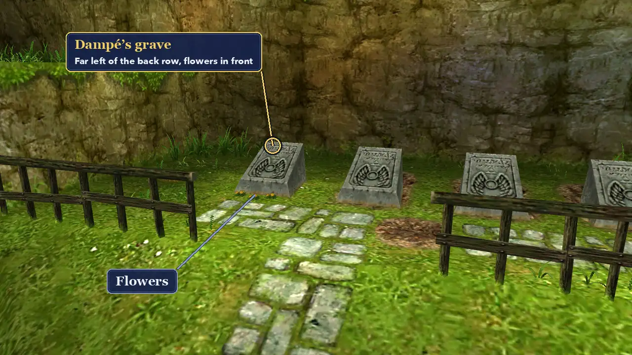 The back row of graves in Kakariko Graveyard in Ocarina of Time 3D, with Dampé’s grave on the far left and small yellow flowers in front of it