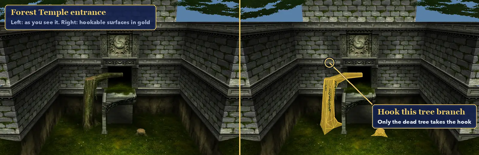 The Forest Temple entrance in Ocarina of Time 3D, shown plain and with the hookable tree highlighted in gold