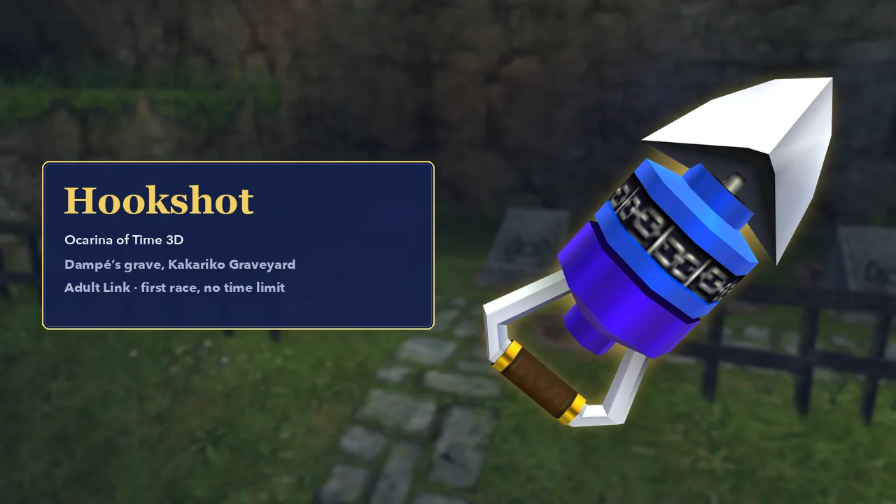 The Hookshot from Ocarina of Time 3D in front of the graves in Kakariko Graveyard