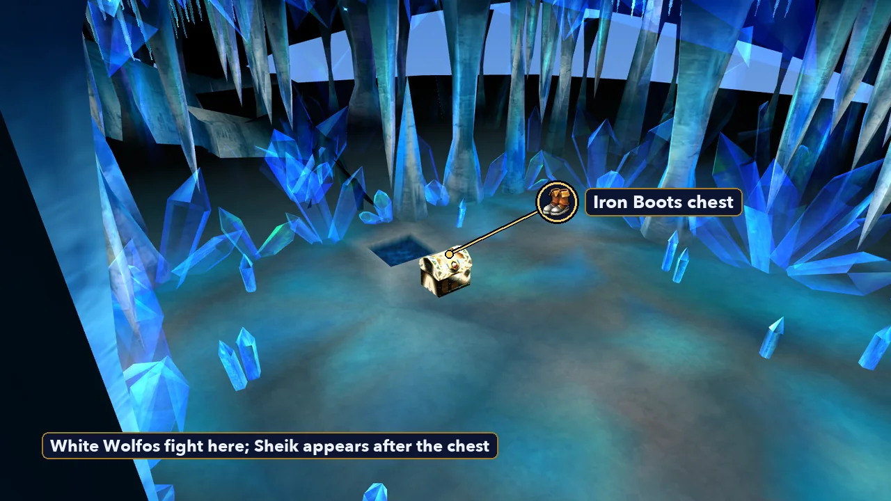 The Iron Boots chest in the crystal room at the end of the Ice Cavern