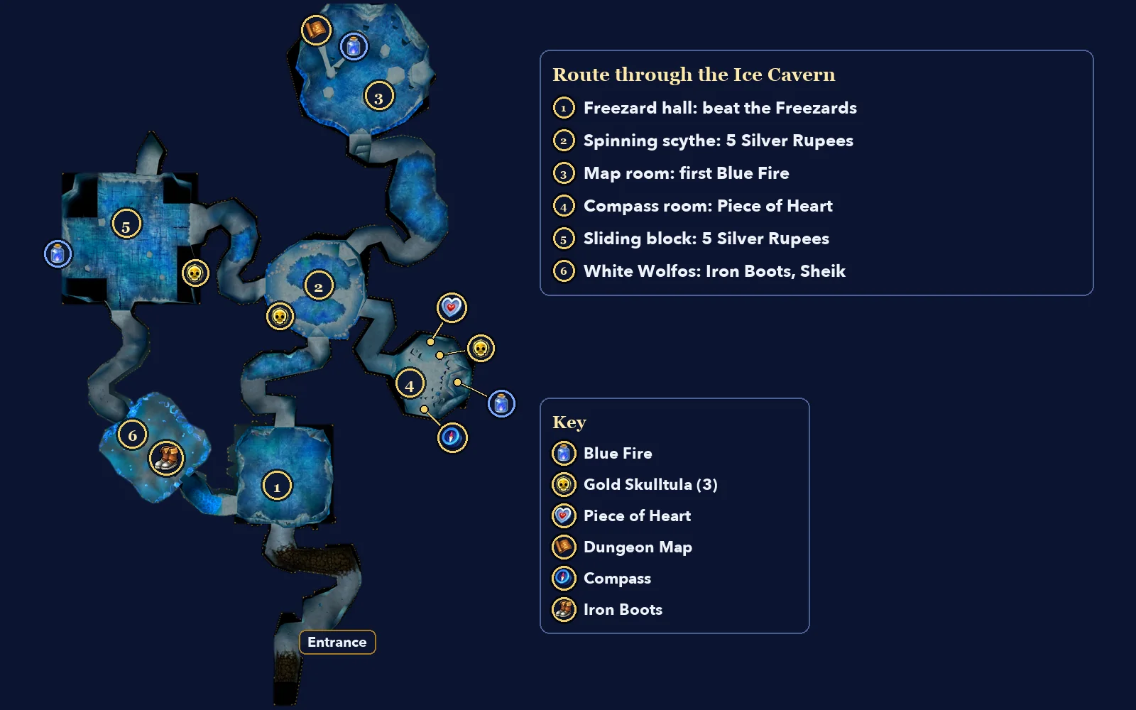 Ice Cavern map in Ocarina of Time 3D with the route numbered and the Blue Fire, Gold Skulltula, Piece of Heart, Map, Compass and Iron Boots marked
