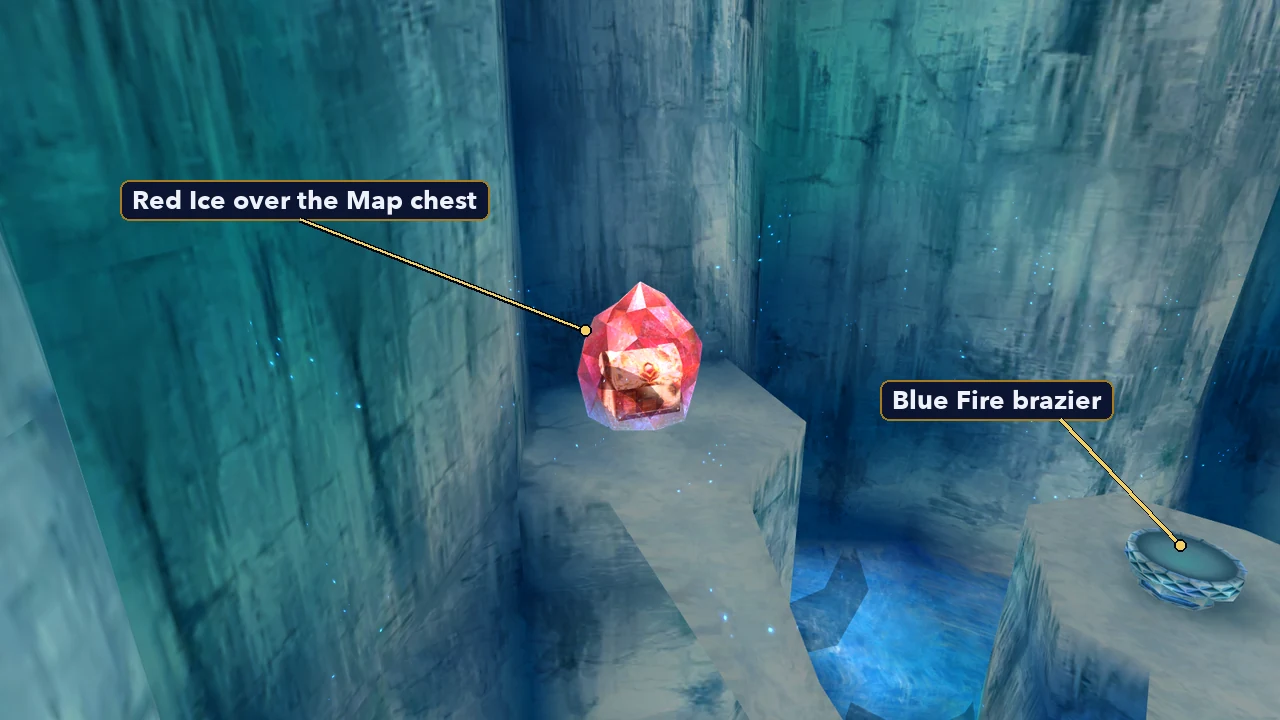 The Ice Cavern Map chest frozen inside red ice next to the Blue Fire brazier