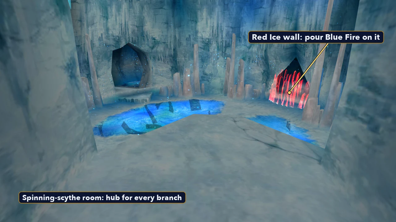 Spinning scythe room in the Ice Cavern with a red ice wall over one of the exits
