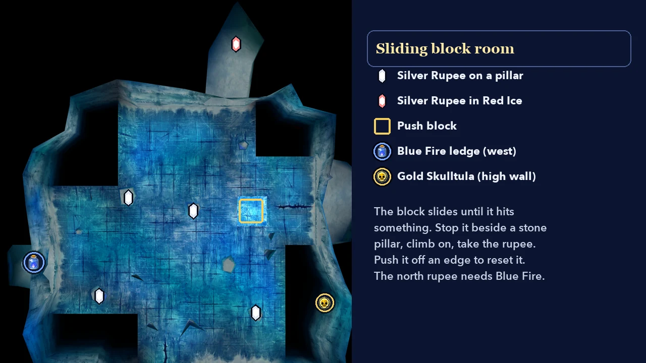 Top-down view of the Ice Cavern sliding block room with the Silver Rupees, the push block and the Blue Fire marked