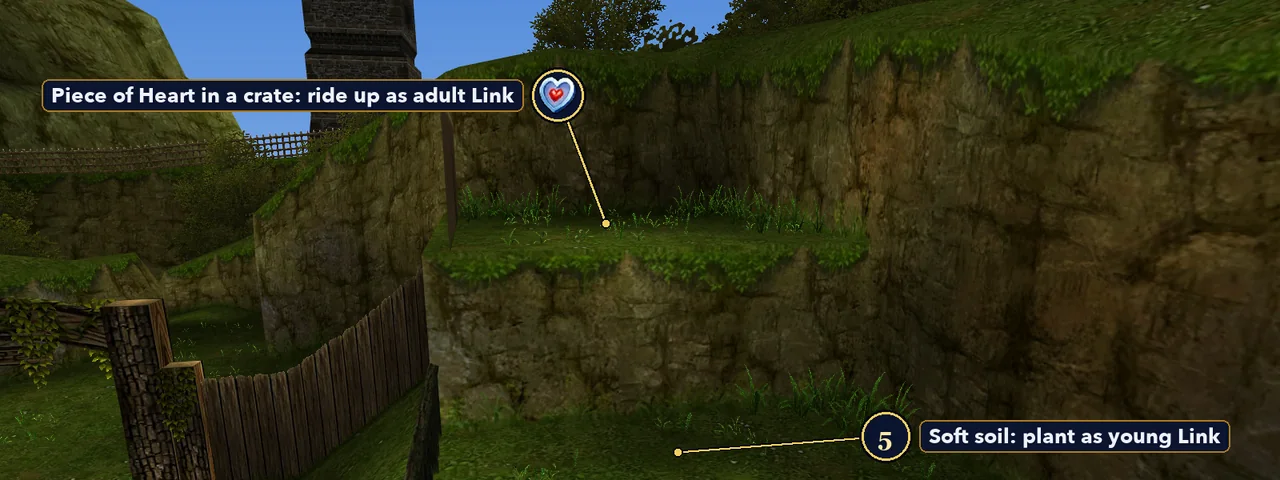 Kakariko Graveyard in Ocarina of Time 3D with the soft soil below the ledge and the crate with the Piece of Heart on top