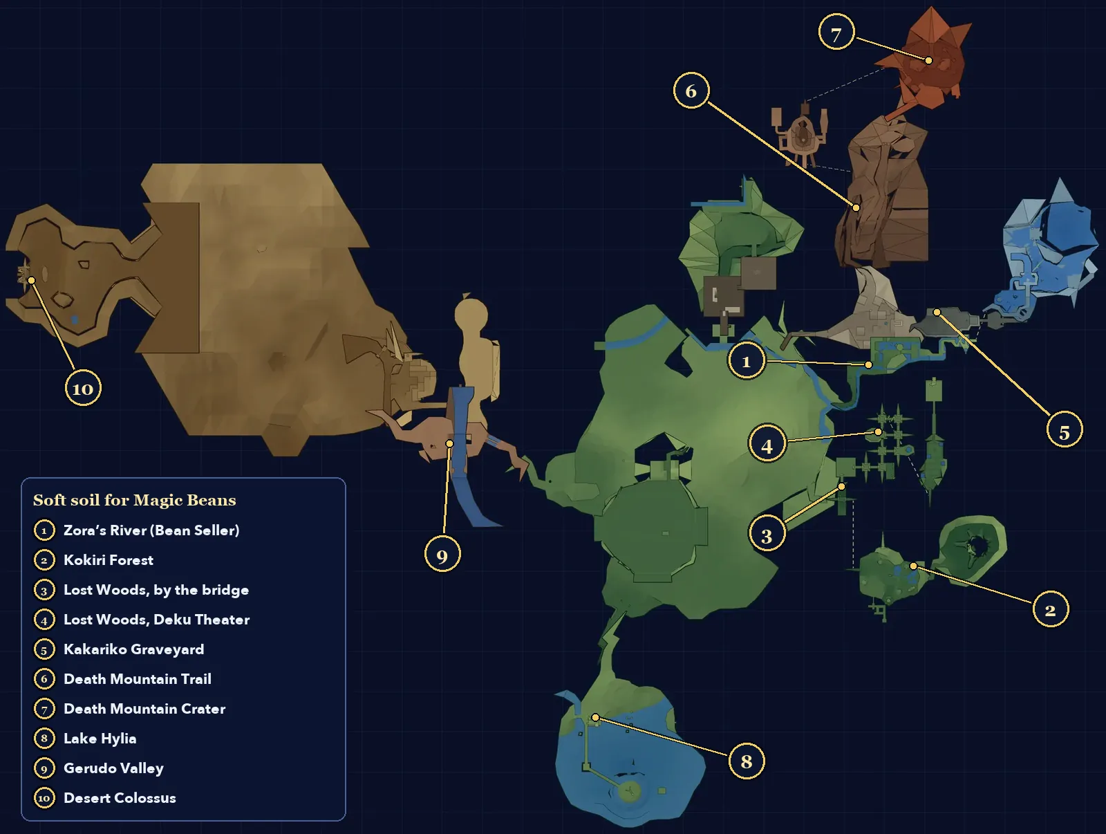 Map of Hyrule in Ocarina of Time 3D with all 10 Magic Bean soft soil spots numbered
