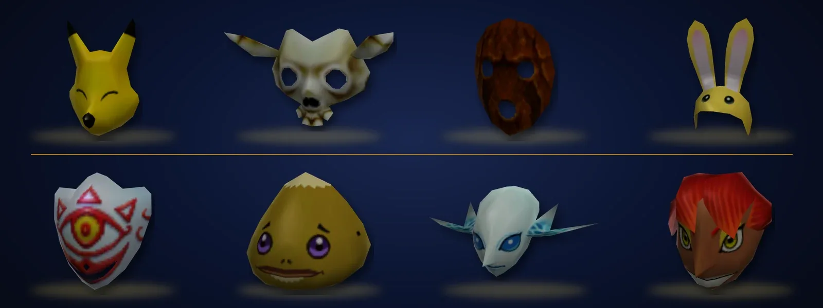 The eight masks from the Happy Mask Shop in Ocarina of Time 3D