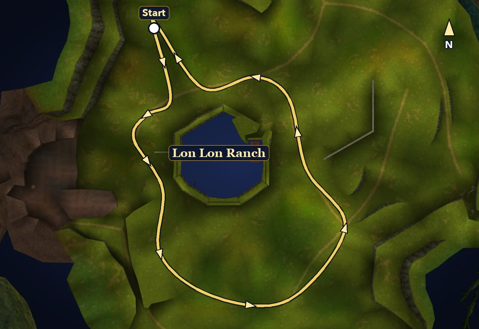 Map of Hyrule Field showing the Running Man’s loop around Lon Lon Ranch