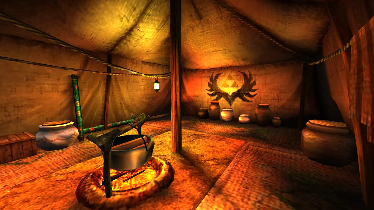 Inside the carpenters’ tent in Gerudo Valley, where adult Link finds the Running Man