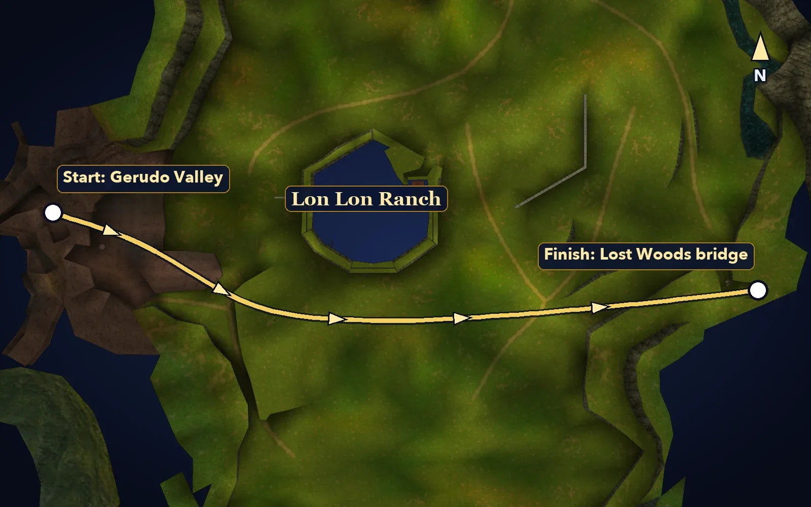 Hyrule Field map with a route from the Gerudo Valley exit to the Lost Woods bridge