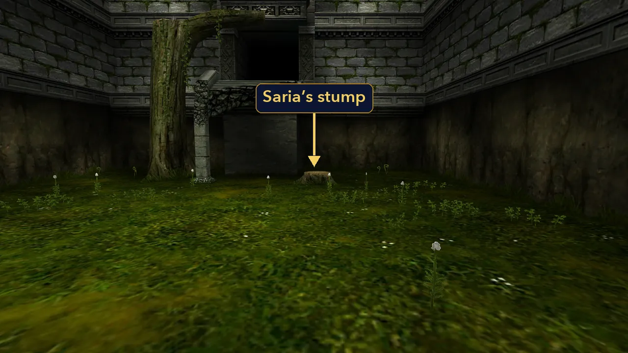 The top of the Sacred Forest Meadow in Ocarina of Time 3D, with Saria’s tree stump in front of the Forest Temple ruins