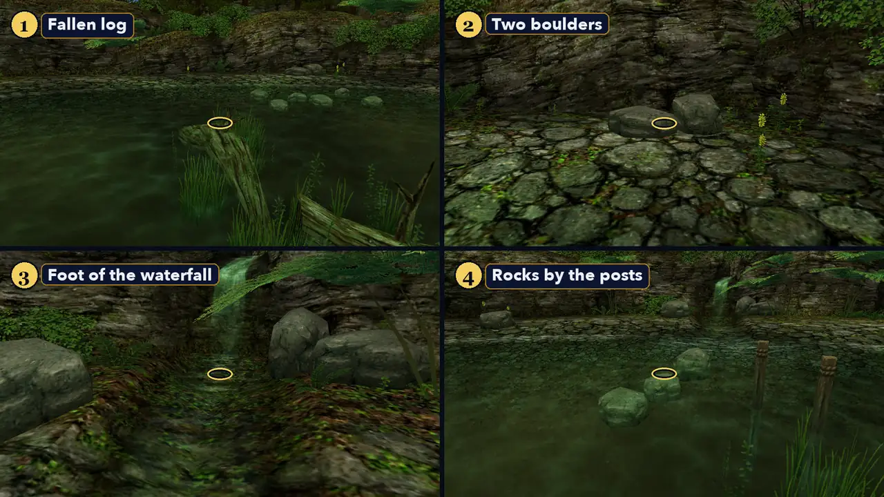 Close-up views of the four sinking lure spots in Ocarina of Time 3D