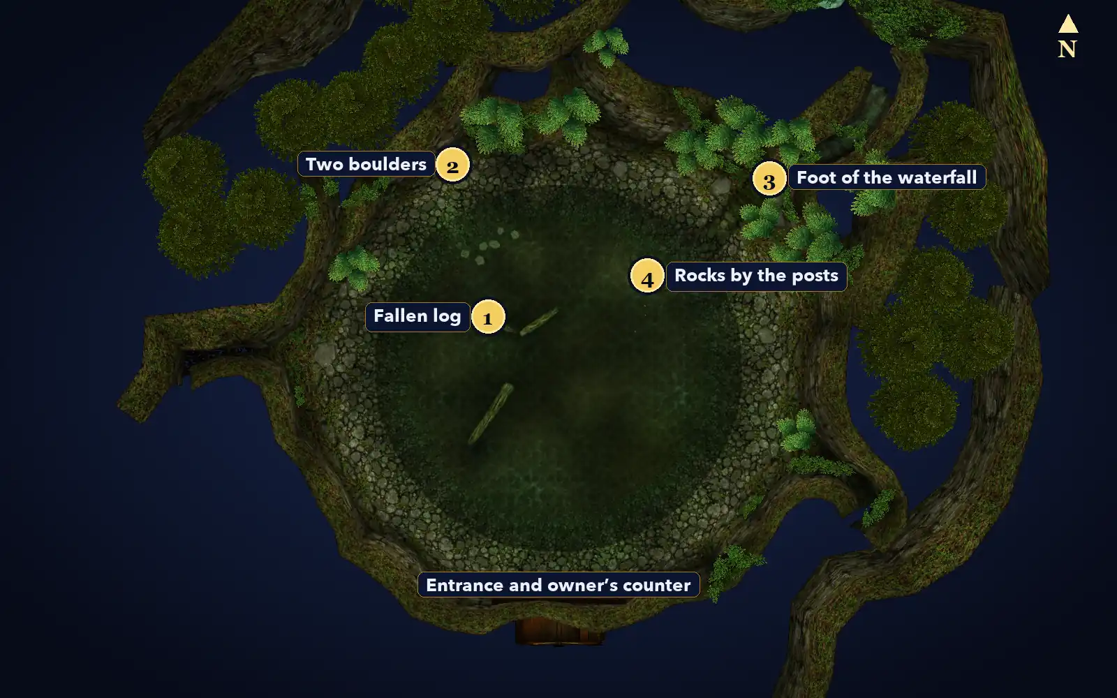Map of the four sinking lure spots in the Ocarina of Time 3D Fishing Pond