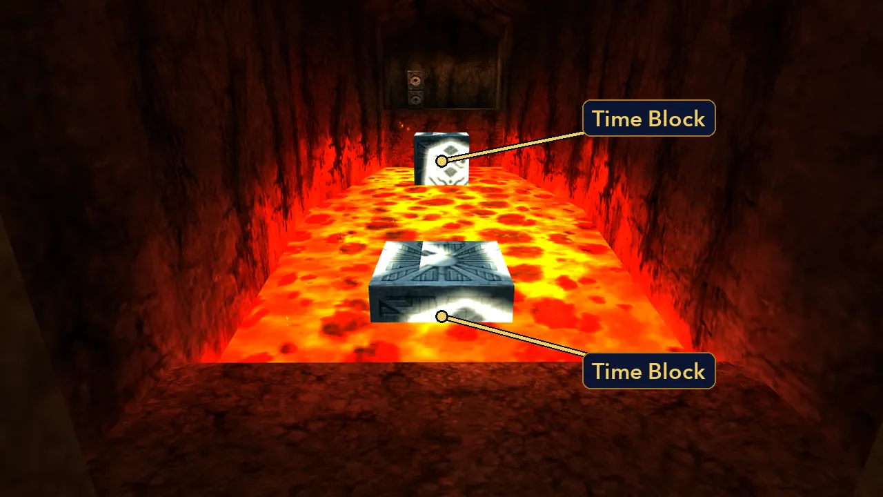 Two Time Blocks over the lava pit in Goron City in Ocarina of Time 3D