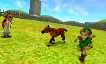 Malon and Epona at Lon Lon Ranch, a cutscene still from the game