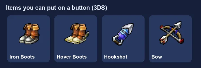 Iron Boots, Hover Boots, Hookshot and Bow shown as item icons from Ocarina of Time 3D